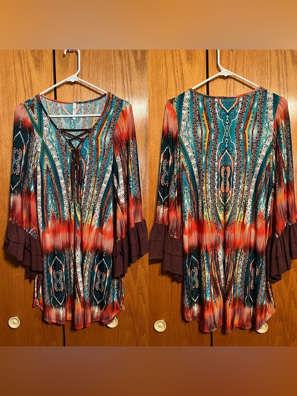 Boho Lace-Up V-Neck Tunic Top in Teal and Rust